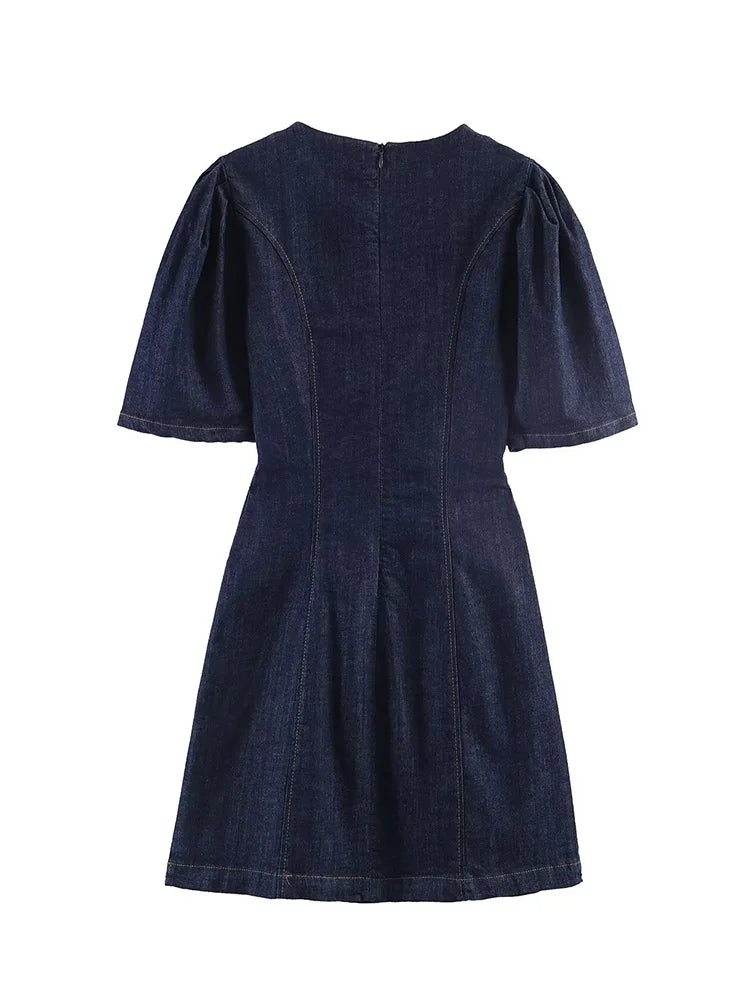 HH Summer Women Fashion O-Neck Bubble Sleeve Denim Dress Back Zipper Sexy Solid Dress Woman Holiday Party Mini 2026 Dress