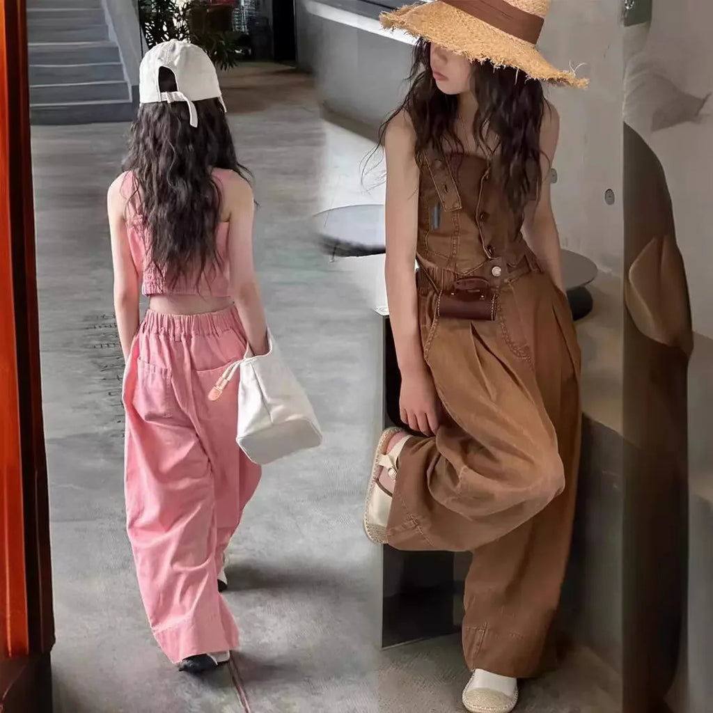 Summer Baby Girls Clothes Set Fashion Sling Vest Tops + Wide Leg Pants 2pcs Kids Clothing Suit Children Outfits Infant Costumes