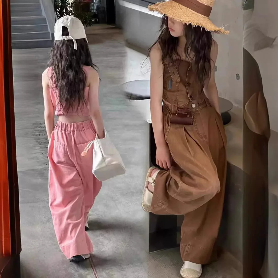 Summer Baby Girls Clothes Set Fashion Sling Vest Tops + Wide Leg Pants 2pcs Kids Clothing Suit Children Outfits Infant Costumes
