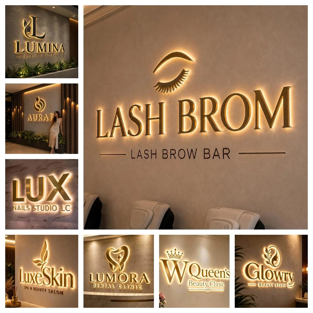 Custom LED Sign Gold Metal Logo Illuminated Letters Business Store Large Logo Signage for Office Dental Beauty Brand Name