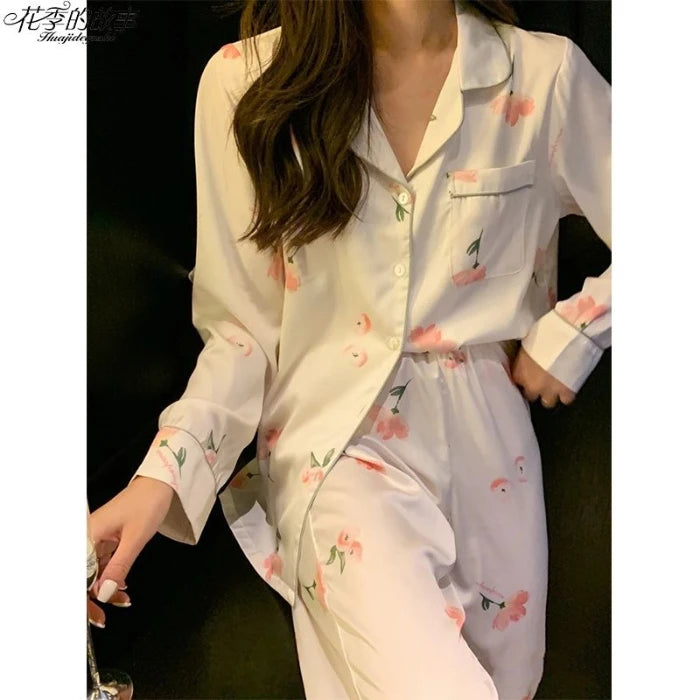 2024 Spring New Lapel Button Cardigan Lounge Sets Womens 2 Piece Ice Silk Pajamas for Women Fashion Printing Sleepwear for Wome