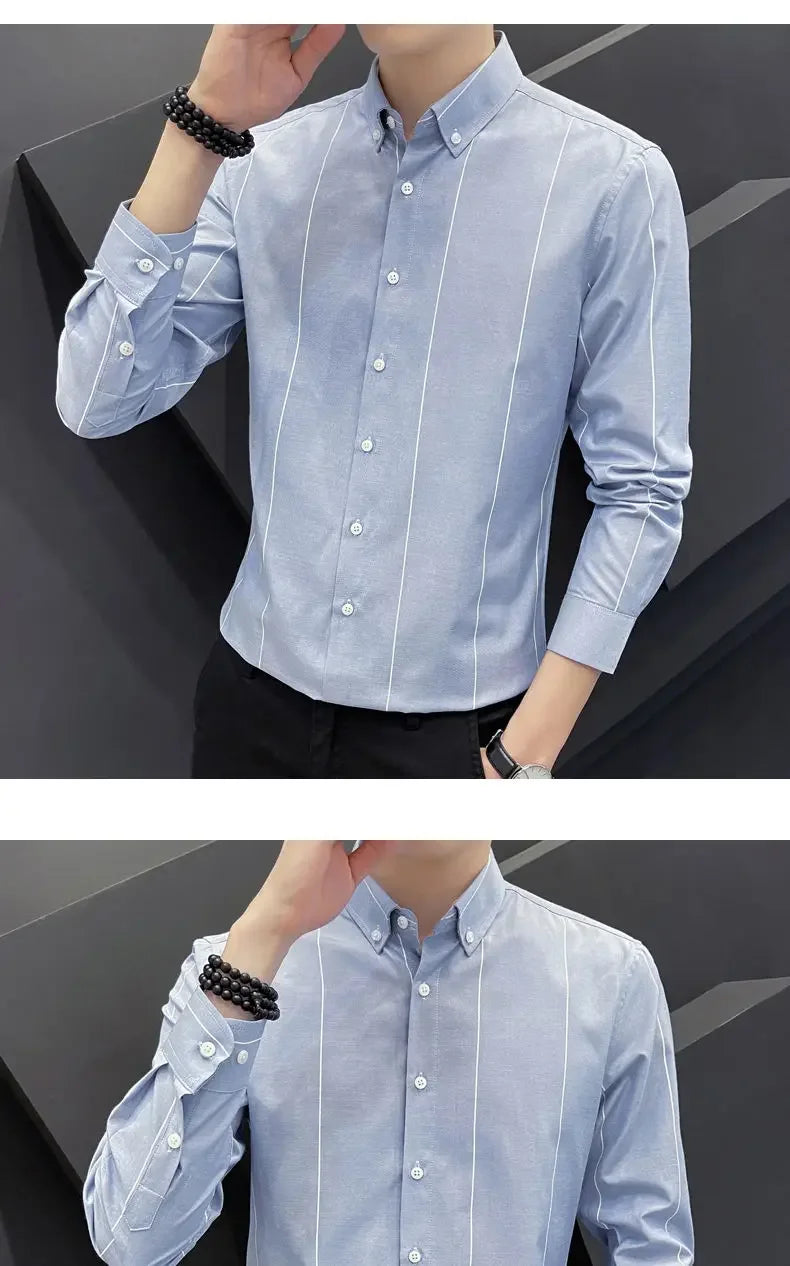 Stylish Men's Striped Shirt Printed Casual Business Dress Shirts Long Sleeve All-Match Slim Fit Fashion Korean Streetwear Shirts