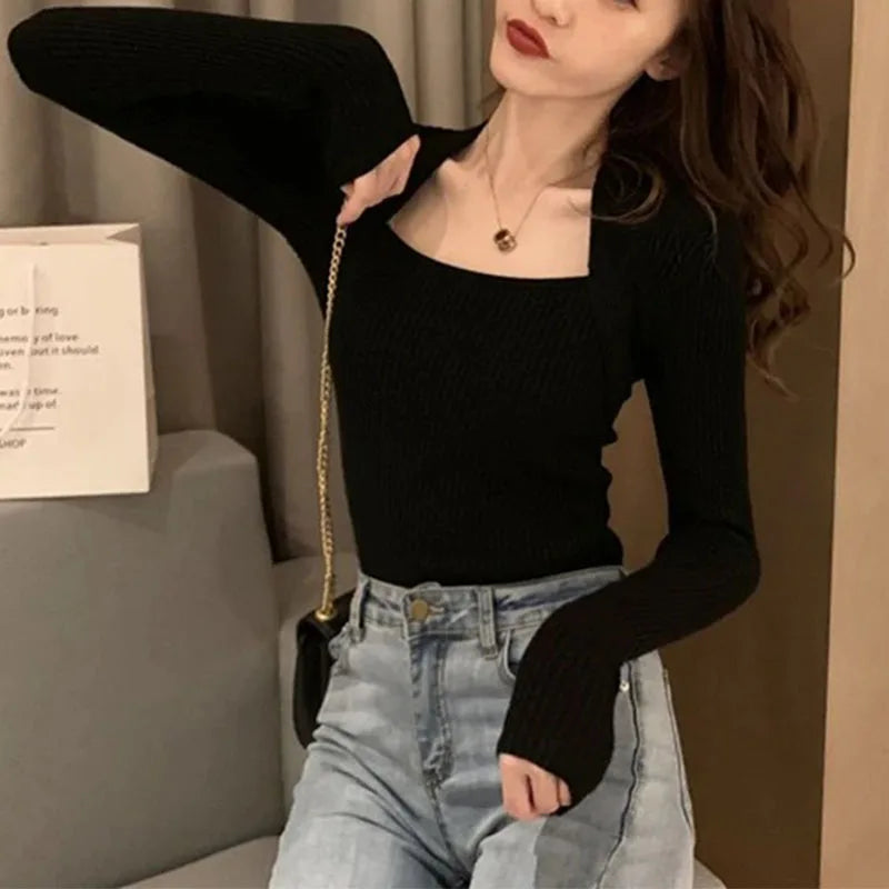 Women Pullover Sweater Autumn Long Sleeve Pullover Basic Top Fashion Elastic Female Winter Solid Knitted Jumper