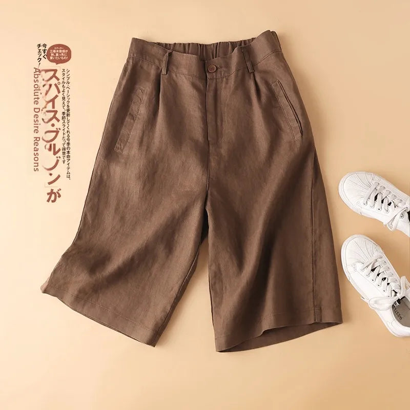 Casual Linen Wide Leg Short Pants Women Summer Loose Fit Thin Cotton Linen Five-Point Pure Color Versatile High Waist Shorts