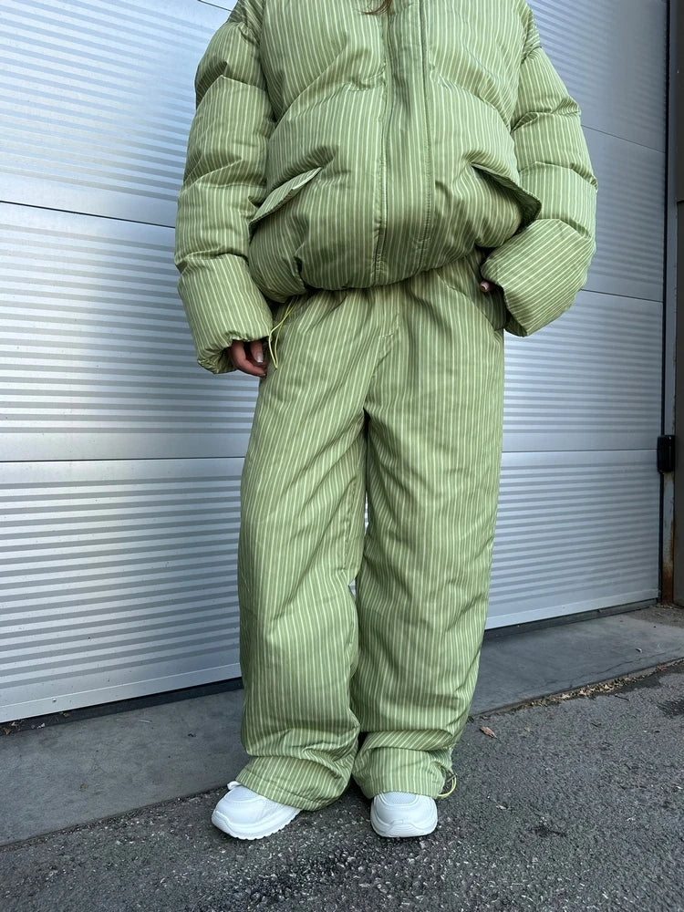 Women Striped Ski Suit 2 Pieces Set Hooded Puffer Jacket Wide Leg Snow Pants Winter Warm Waterproof Snowboard Outfit Tracksuit