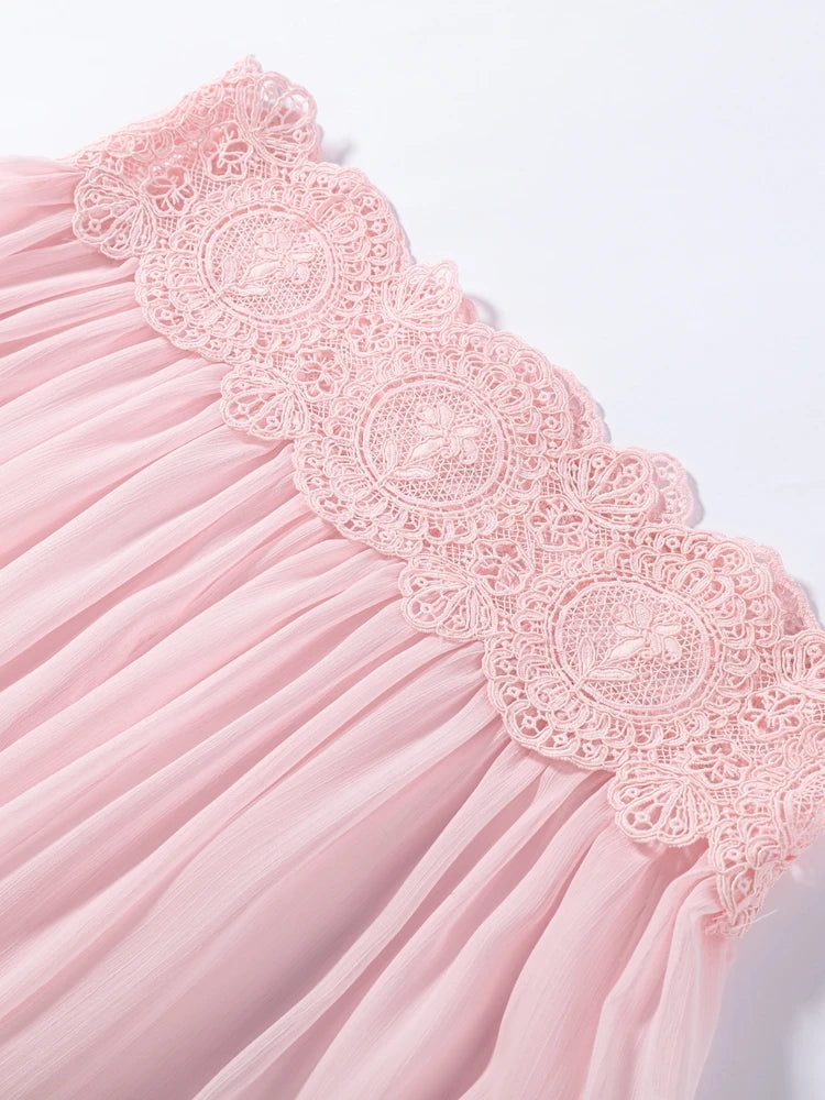 Lace Patchwork Pleated Slip Long Dress Women Sexy Spaghetti Strap Sleeveless Backless Loose Evening Dresses Chic Ladies Vestidos