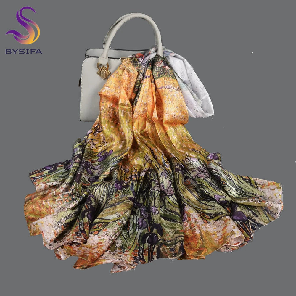 BYSIFA| Ultralarge Spring Fall 100% Mulberry Silk Scarf Beach Wrap Brand Female Long Scarves New Red Floral Silk Scarf Shawl