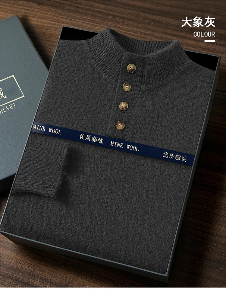 Men's Thicken 100%Pure Mink Cashmere Sweater Youth Button Semi-High Neck Loose Knit Pullovers Autumn and Winter Warm Base Shirt