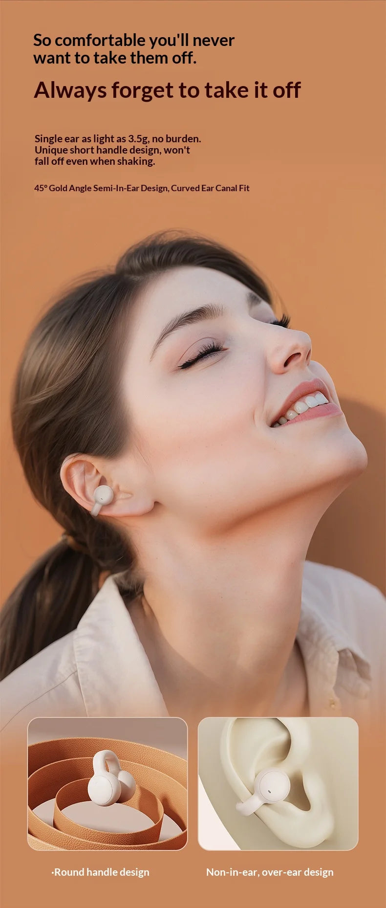 Noise Canceling Clip-On Bluetooth 5.3 Wireless Earbuds HD Microphone Stereo Sound Portable Headphones for Sports Gaming With Mic