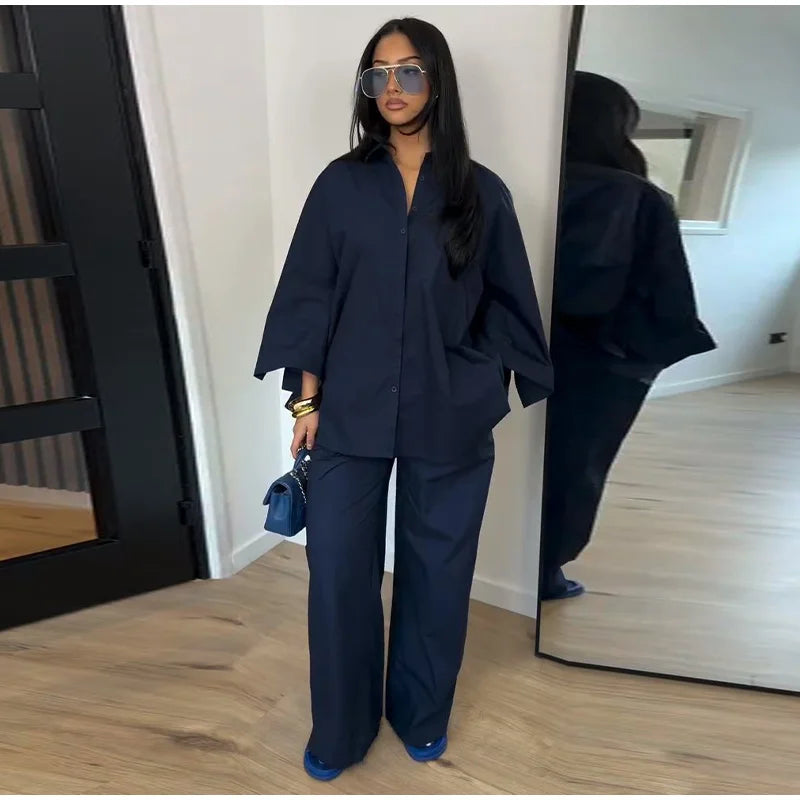 Loose Striped Contrast Wide Leg Pants Set Women Oversized Lapel Single Breasted Shirt Trousers 2026 Summer Lady Casual Outfits
