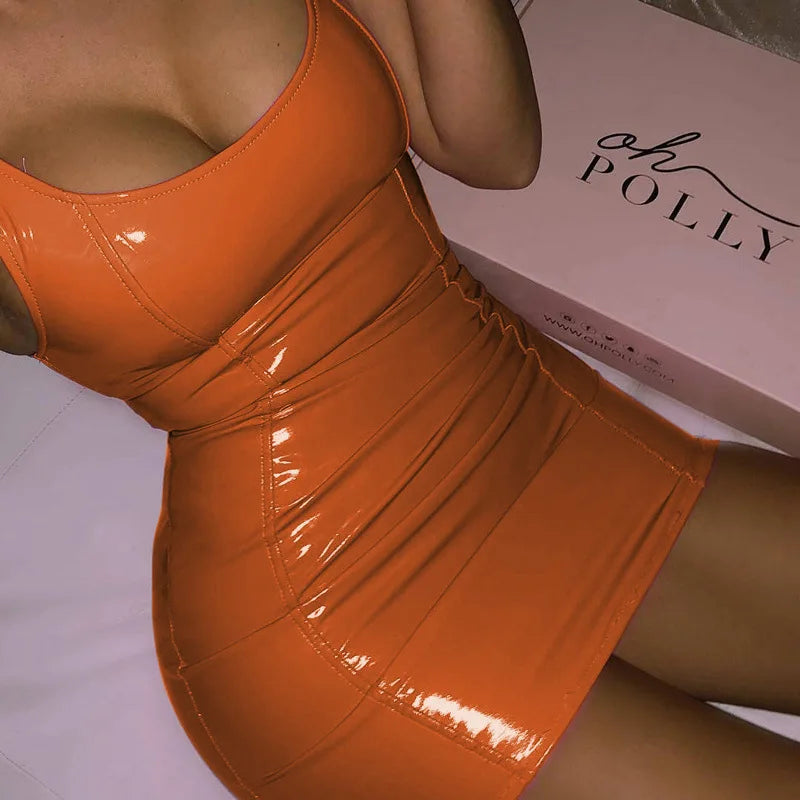 Women Sexy PU Leather Party Night Club Elegant Slip Bodycon Sleeveless Bodycon Mini Dress Ladies Summer Short Dresses