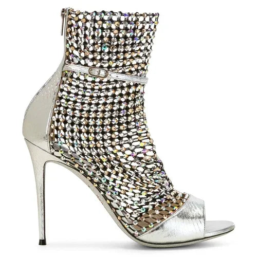 2025 New Star Internet Celebrity Same Style Sexy Water Diamond Fish Mouth Hollow Mesh Cool Boots High Heel Shoes Thin Heels