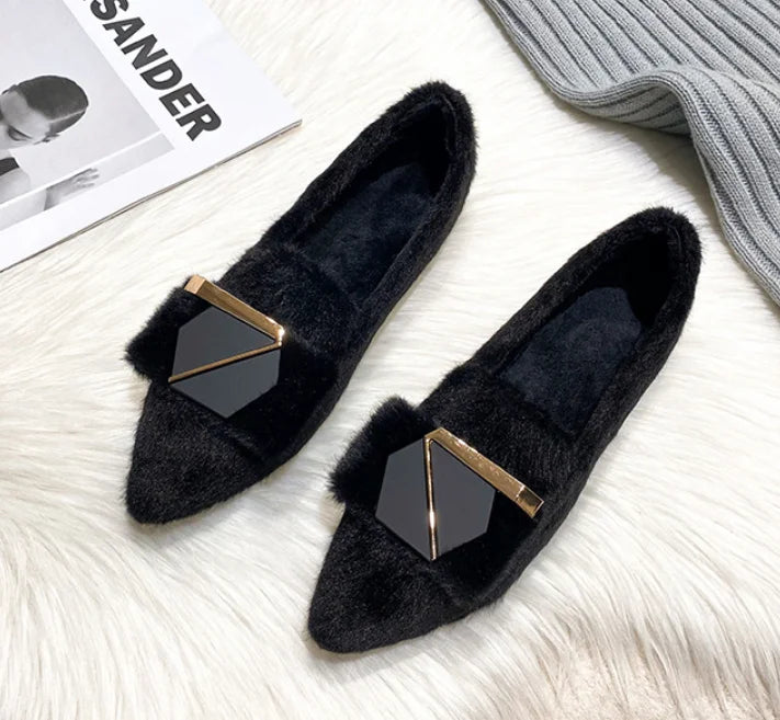 Flats Shoes for Women 2024 New Autumn Pointed Flat Mink Fur Winter Shoes Velvet Women's Loafers Ladies Shoes Plus Size 41 42 43
