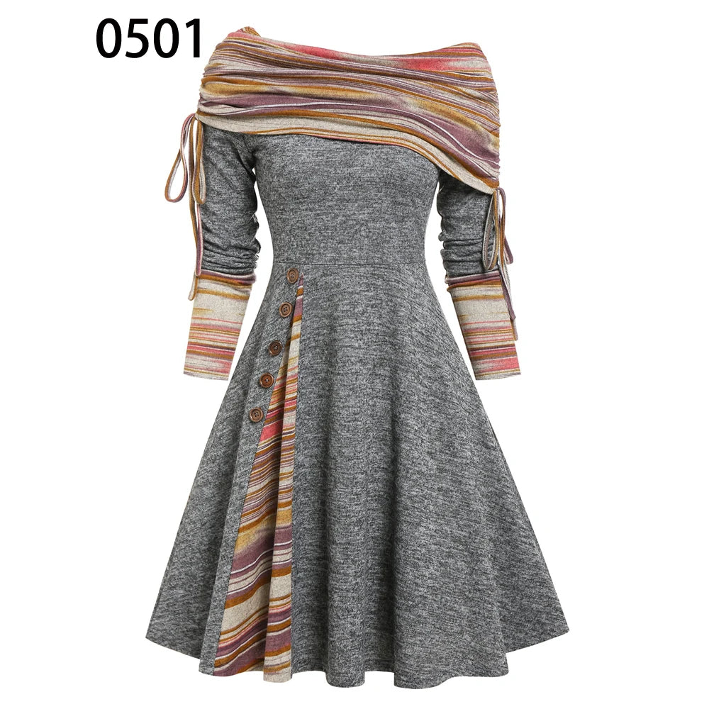 Convertible Cinched Striped Flare Dress Foldover Off The Shoulder Knitted Dresses Women 2023 Long Sleeve Jurken