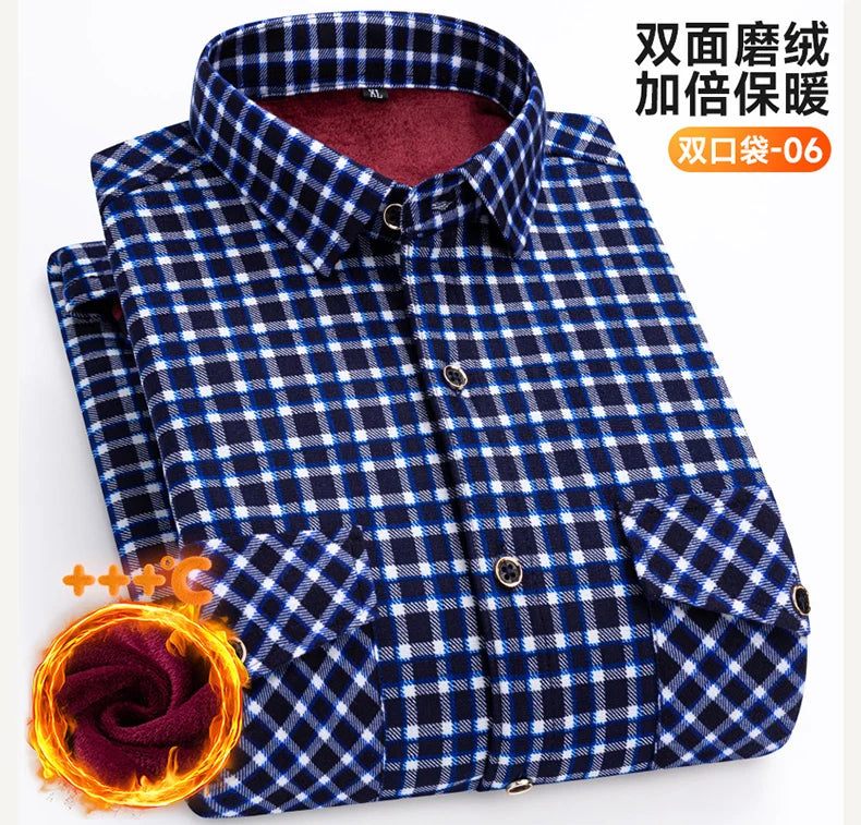 2025 Autumn Winter Men's Fashion Plaid Striped Print Shirts Double-sided Fleece Long Sleeve Thick Warm Shirts Soft Big Size 7XL