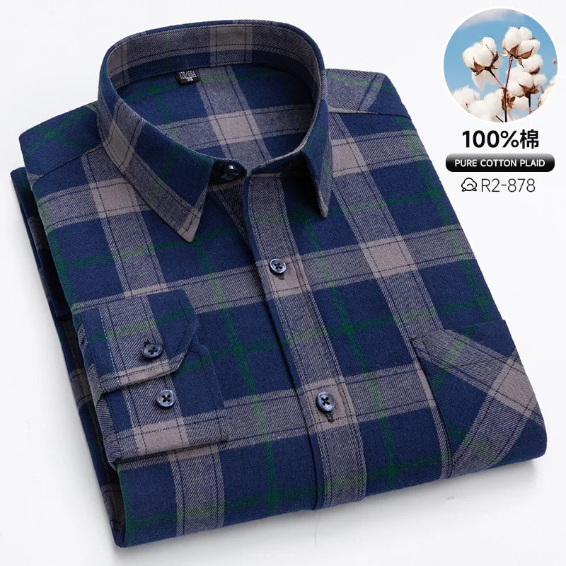 Classic Retro Plaid Flannel Shirt Long Sleeve 100% Cotton Fashion Casual Soft Spring Autumn Winter Standard Pocket Men's Shirt