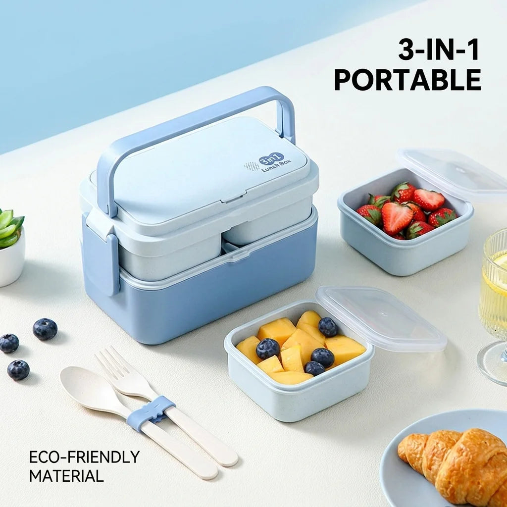 Picnic Lunch Box Bamboo Fiber 3in1 Double Layer Microwavable Bento Box Food Storage Containers school Child Lunch Boxes for Kids