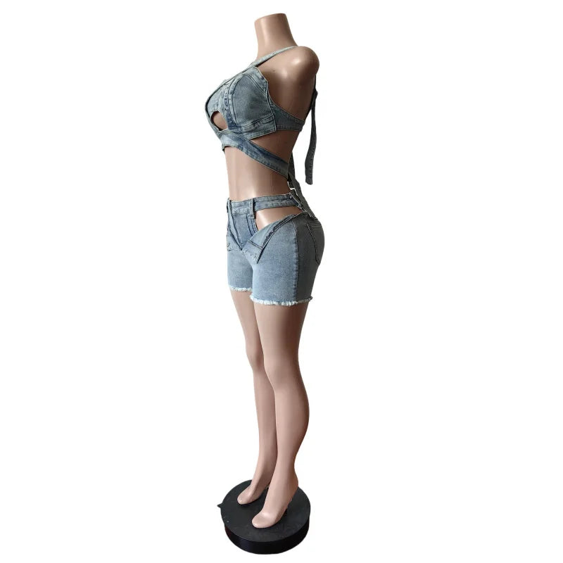 Streetwear Denim Two Piece Set Women Festival Outfit Y2K Hollow Out Strap Strapless Crop Top and Shorts Club Party Matching Sets