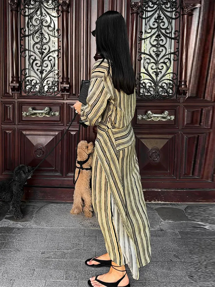 Women Striped Wrap Dress V-neck Loose Pleated Long Sleeved Asymmetrical Drape Dresses 2026 Summer New Casual Commute Lady Robes