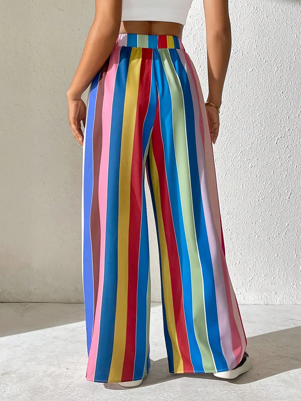 2026 Casual Women's Plus Size Elastic Waisted Colorful Striped Pants, Loose and Comfortable Wide Leg Pants, Long Pants