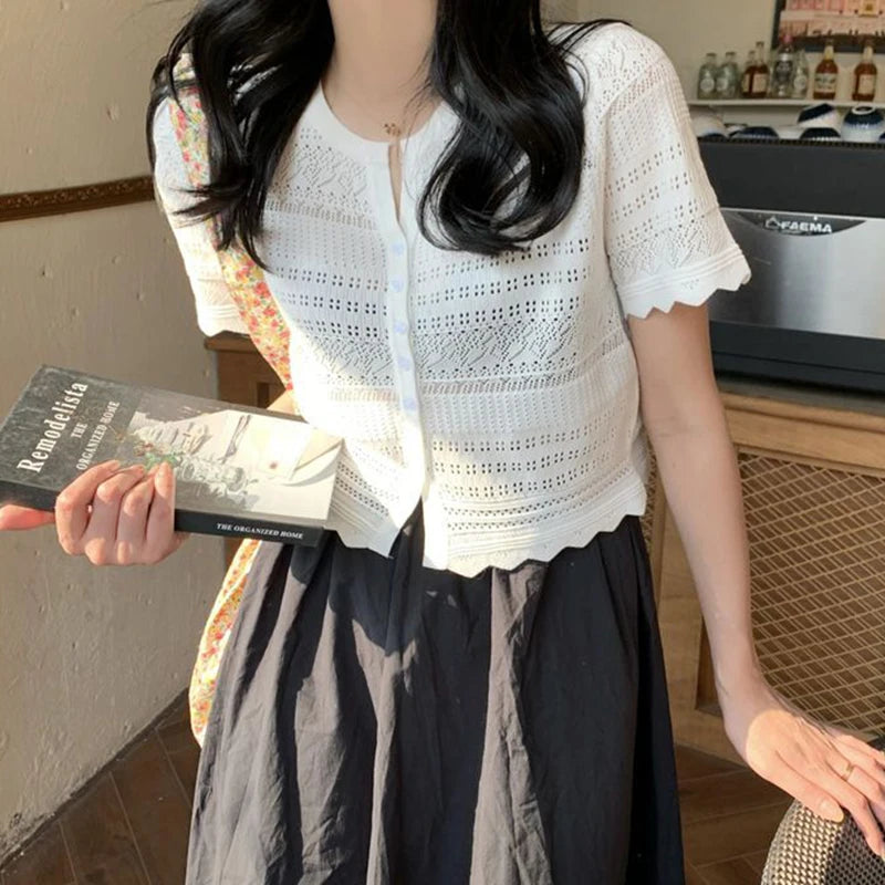 Chic Hollow Out Knitted T-Shirt Women 2026 Summer Button Up Short Sleeve Crop Tee Woman All Match Round Neck T Shirt Female