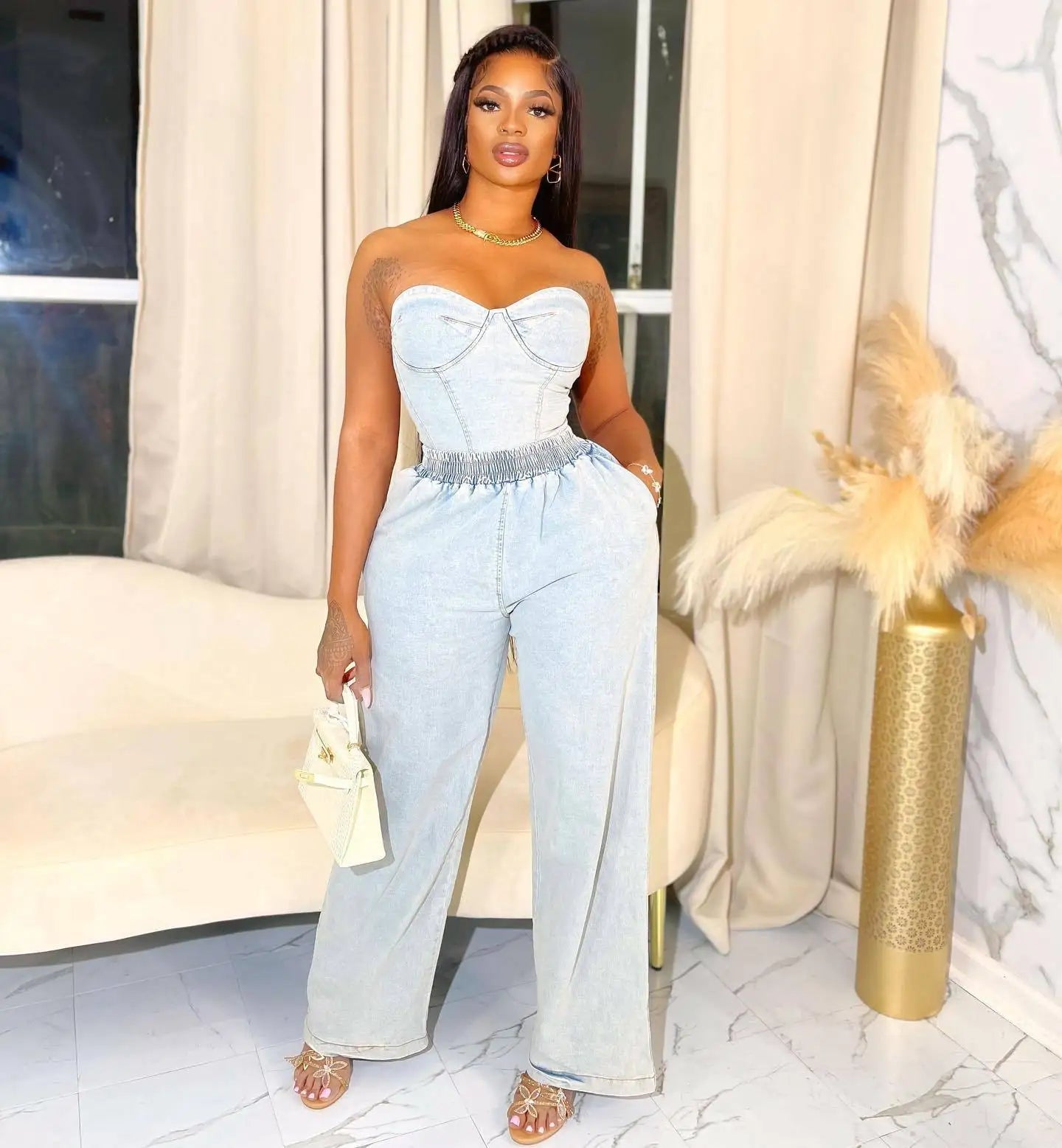 2 Piece Set Women Denim Ensemble Strapless Top Sleeveless Backless Zipper Elastic Waist Jeans Suit Streetwear 2025 Sexy Outfits