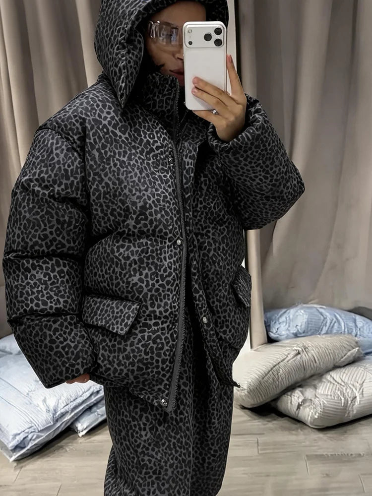 Leopard Print Women's Winter Down Jacket Pant Set Hooded Full Sleeve Zipper Jacket Elastic Waist Pants 2026 Warm Padded Coat Set