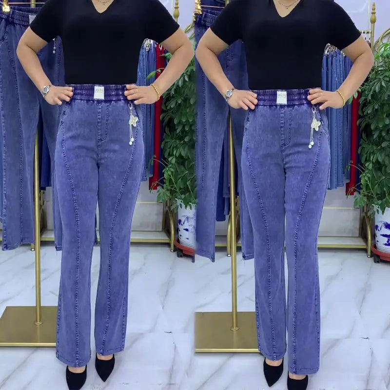 Middle-aged Women's Jeans Spring Fall Stretch Waist Denim Pants Large Size Loose Female Micro Flare Pants Winter Thick Warm Jean