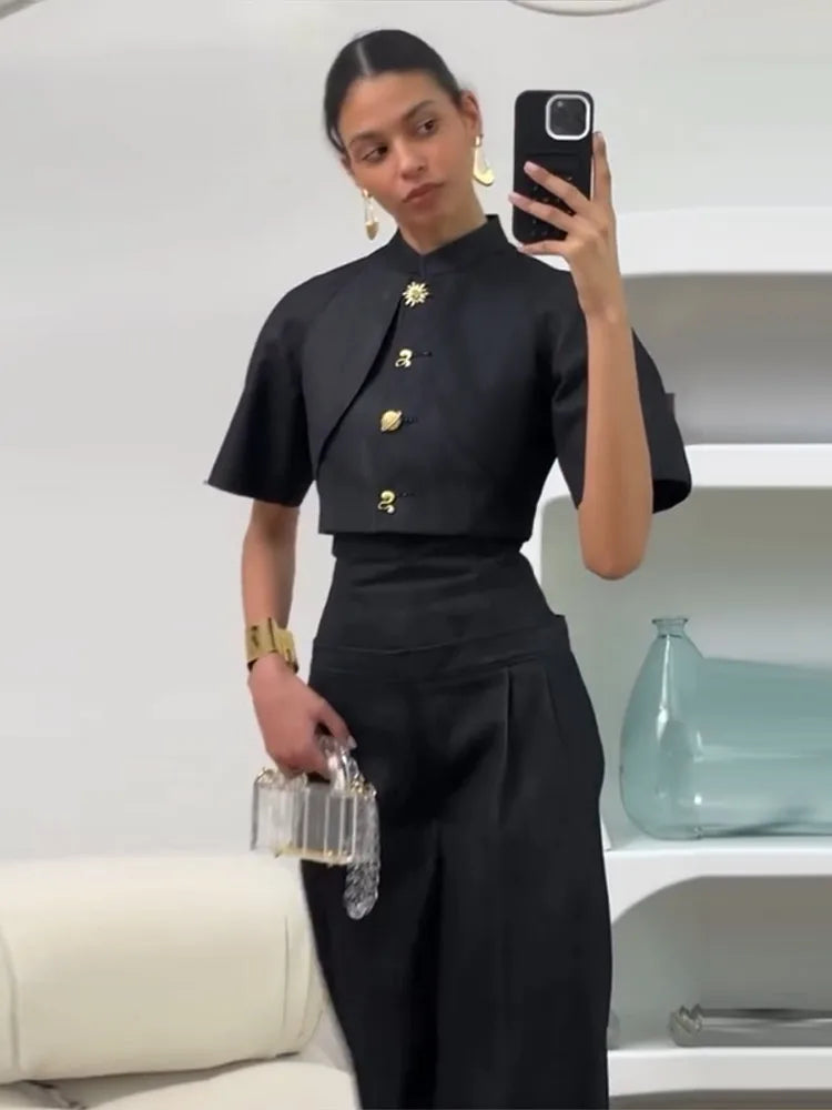 Street Denim Top Pants Women Set Short Sleeve Stand Collar Coats Wide Leg Trousers 2026 Summer Autumn 2 Pieces Set Women New