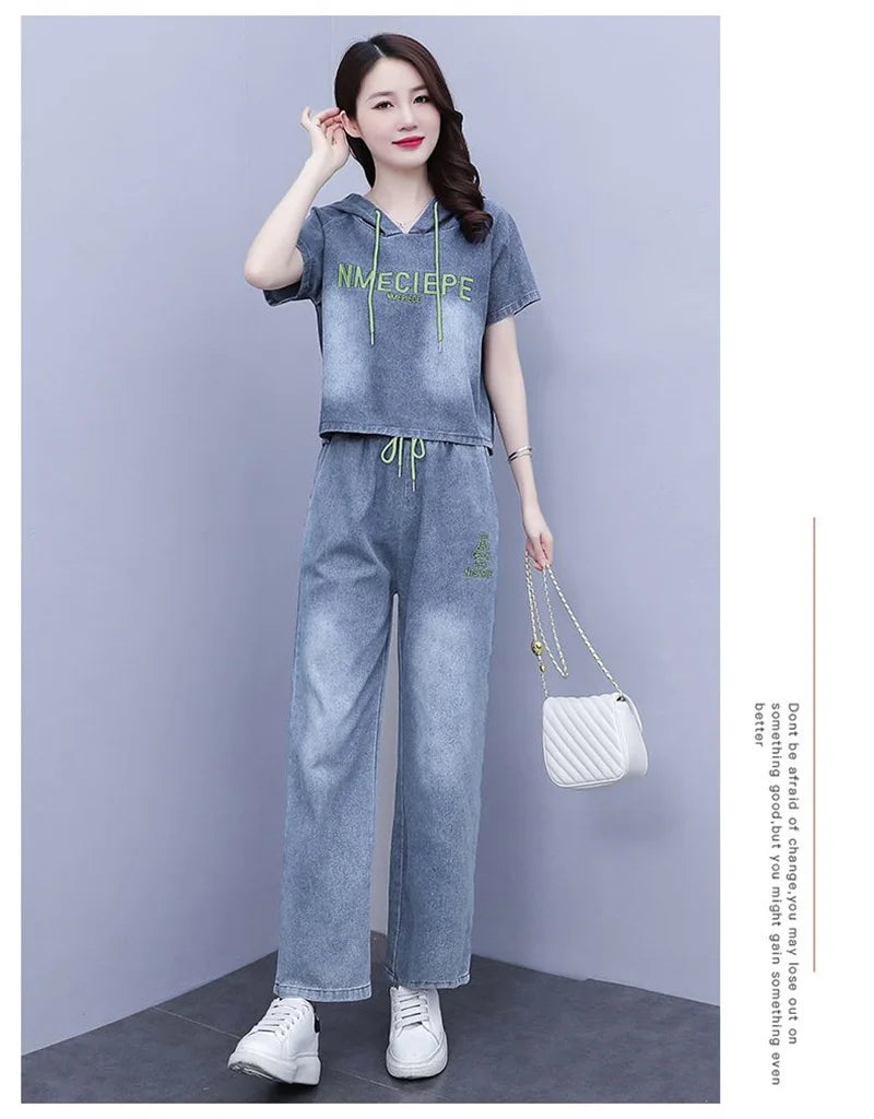 Summer Thin Jeans Set Women Fashion Short Sleeve Hooded Pullover Tops + Elastic Waist Wide Leg Pants 2PCS Female Denim Outfit