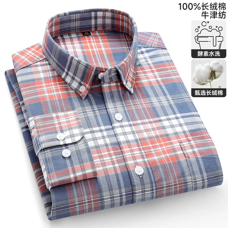S-6XL Oxford Shirts for Men Long Sleeve Pure Cotton Solid Stripe Leisure Embroidered Horse Streetwear Business Plain Office 6XL