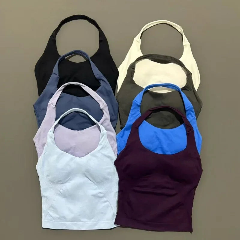 HISTELLO Sports Halter Top Seamless Women Sexy Yoga Clothing Backless Gym Tank Tops Push Up Workout Vest Running Fitness Bra Top