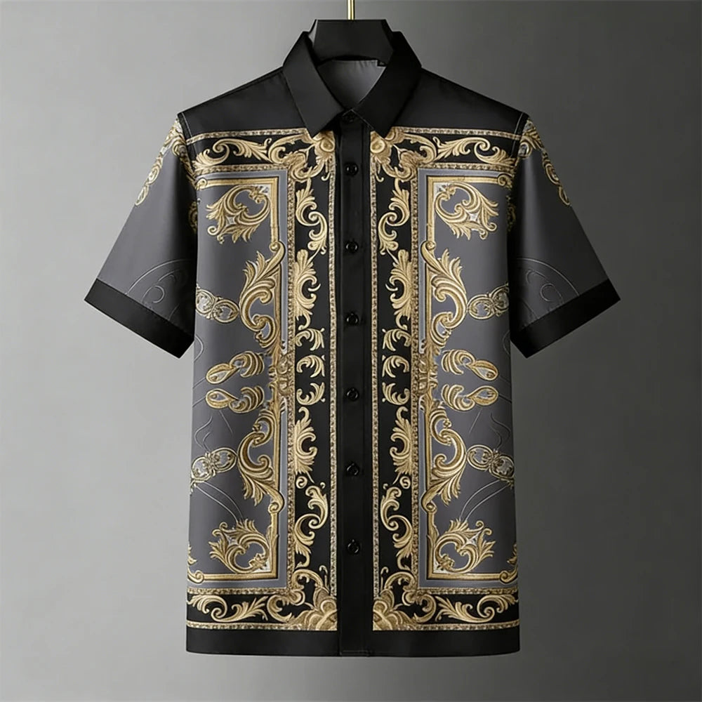 Fashion Men's Retro Soft Short Sleeve Shirt Gold Pattern Natural 3D Printed Shirt Men's Clothing Casual Party Tops