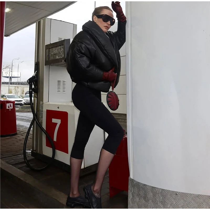 Solid Leather Turn Down Collar Cotton Coat 2026 Winter Ladies Warm Pockets Cropped Padded Jackets Women's High Street Outwear