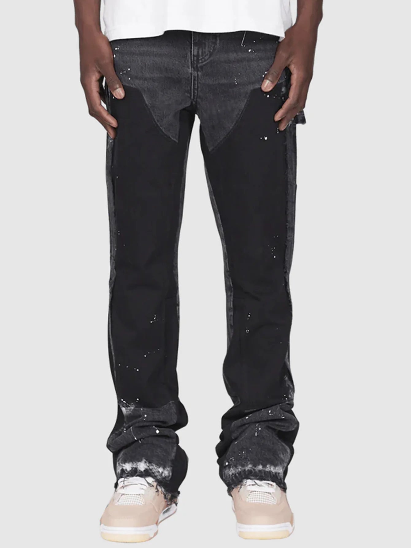Mens Fashion Jeans Work Pants European American Style Workwear Elastic Patchwork Denim Layered Flared Pants S-XXL Streetwear