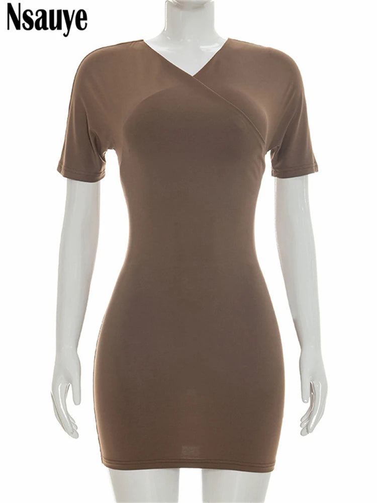 Nsauye 2026 Casual Summer Women Dresses Mini Bodycon Short Sleeve Sexy V Neck Party Evening Wrap Night Club Dress Outfits