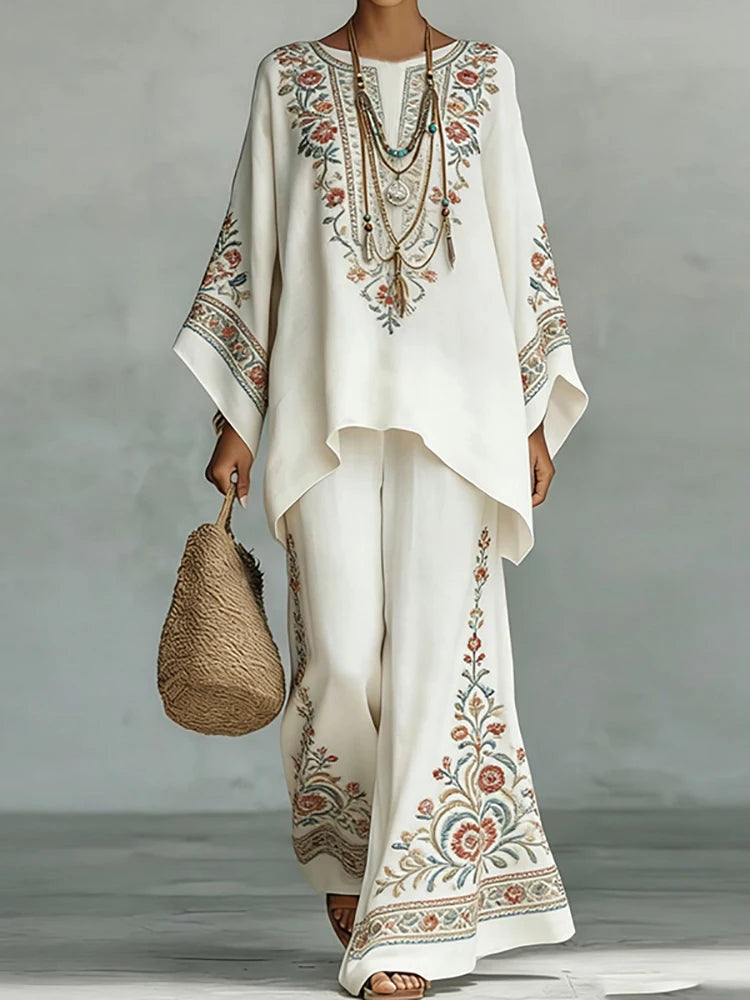 Holiday Wide Leg Pants Loose Two Pieces Sets, Women Summer Print Patchwork Simple Outfit, 2026 O Neck Pullover Top Ladies Suits