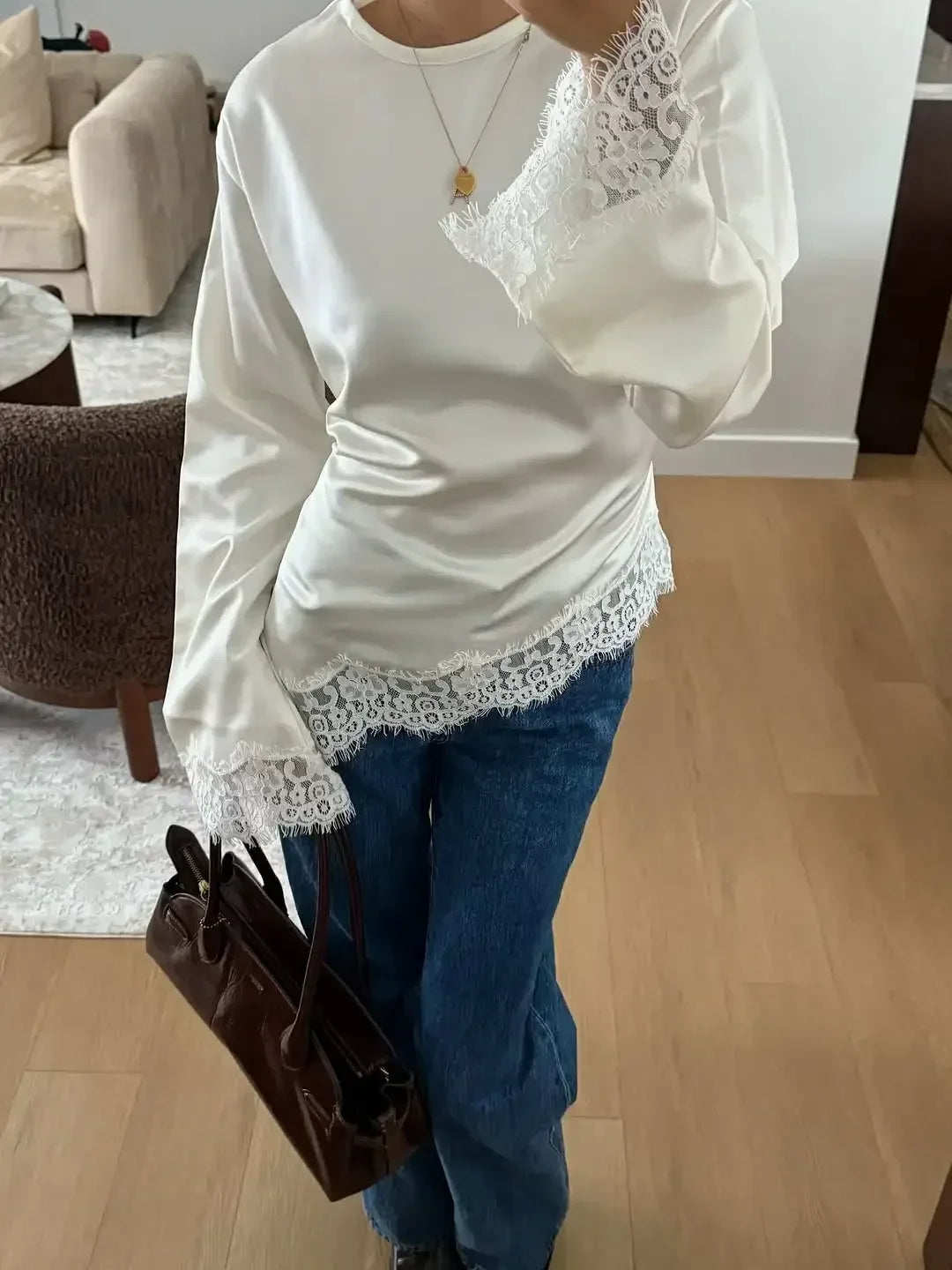Elegant Satin Lace Patchwork Top Women Casual O-neck Loose Long Sleeves Strappy Female Shirt 2026 Spring Lady Fashion T-shirt