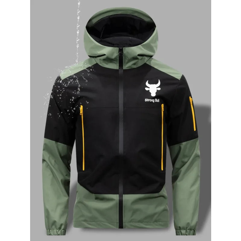 Men's Windproof Waterproof Hooded Jackets Big Pockets High Street Print Outdoor Windbreaker Coat for Hiking Trekking Streetwear