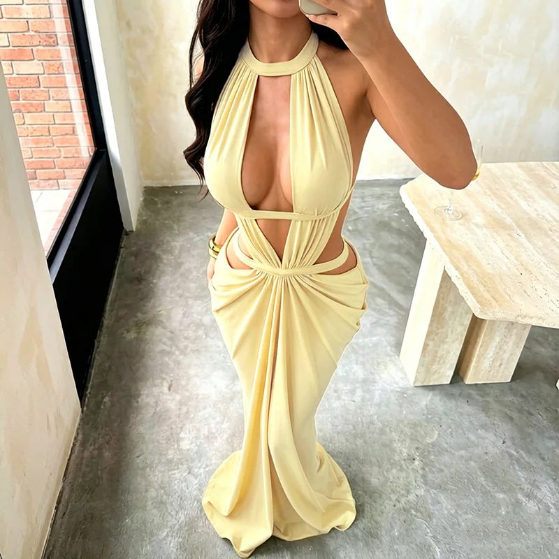 Halter Cut-Out Draped Super-Cut Back Bare Elegant Party Maxi Dress Waistless Backless Sleeveless Khaki Evening Prom Long Dress