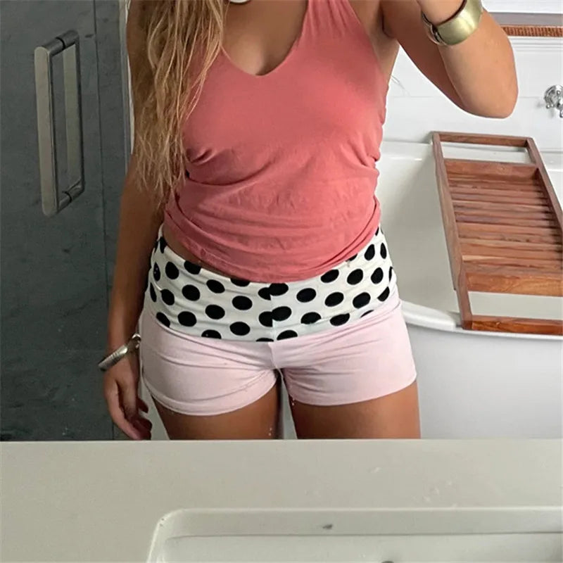 hirigin Women's Polka Dot High Waist Shorts Contrast Color Band Waist Stretch Booty Shorts Y2K Casual Beach Summer Lounge Shorts