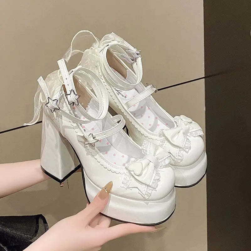 Lolita Shoes Women High Heels Shoes Woman Chunky Sandals Summer Mary Janes PU Leather Shoes Retro Bow Party Platform Pumps