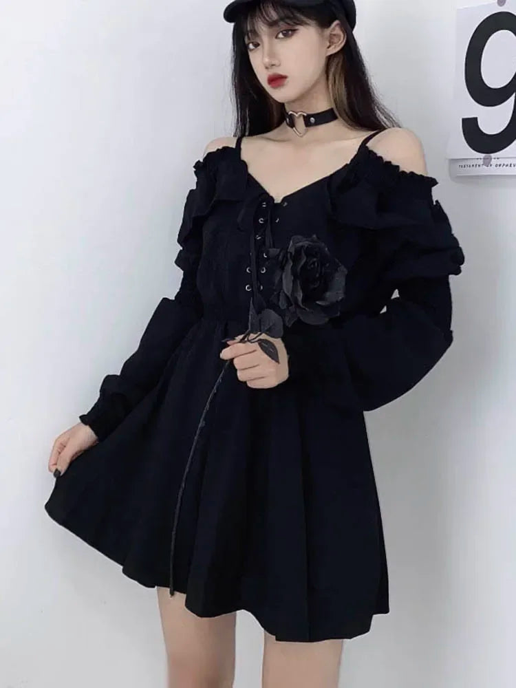 Zoki Harajuku Gothic Women Dress Y2K Summer Sexy Off Shoulder Black Bandage Mini Dress Fashion Elegant Party Night Vestidos New