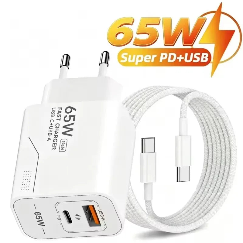 USB PD65W GaN Charger 2-Port Fast Charging Charger Type C High Speed Charge Mobile Phone Wall Adapter For Phone EU/US Charger