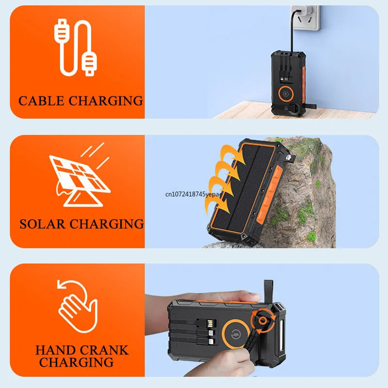 Portable Hand Crank Solar Power Bank With LED Light 20000mAh Large Capacity Fast Charging Powerbank Externala Battery Charger