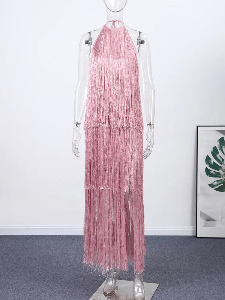 Party Women's Dress Halter Sleeveless Backless Tassel Solid Female Long Holiday Dresses 2026 Summer Fashion Elegant Lady Robe