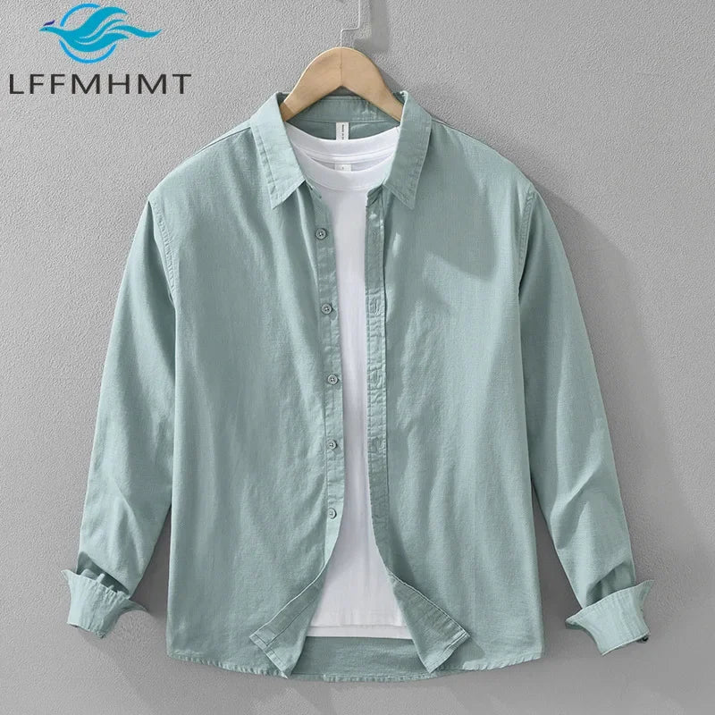 7369 Cotton Linen White Shirt for Men Good Quality Solid Color Simple Basic Long Sleeve Loose Casual Lapel Blouse Breathable Top