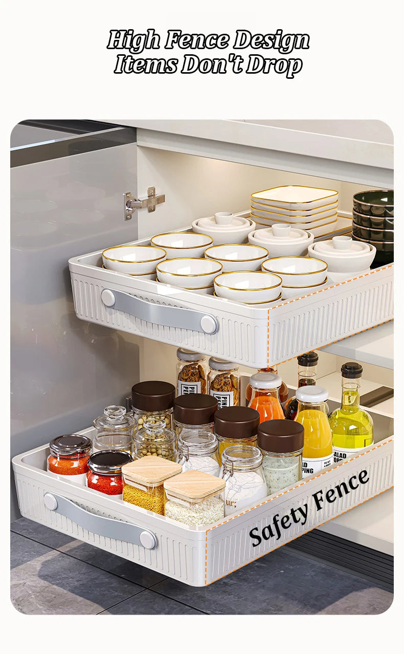 Kitchen Sliding Drawer with Slide Rail Cabinet Clothes Spice Dish Bowl Storage Rack Pull Out Cabinet Organizer Tray With Handle