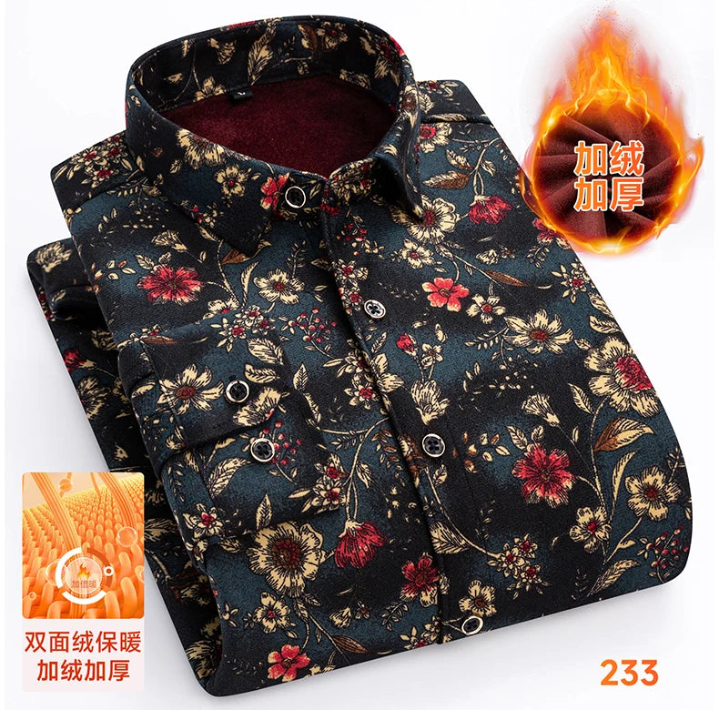 2025 Men's Winter Warm Shirts Long Sleeve Plaid Print Flower Autumn Thickened Fleece Street Trend Casual Dress Shirts 8XL 7XL