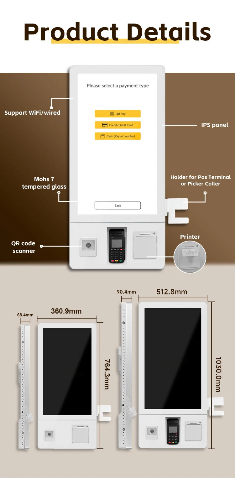 Restaurant 24 27 32 inch touch screen cashless POS fast food self-service order payment end point kiosk floor machine